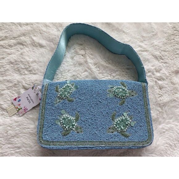 Handcrafted In India Sea Turtle Beaded Shoulder Bag Blue Green Aqua Viral NEW - Picture 3 of 16